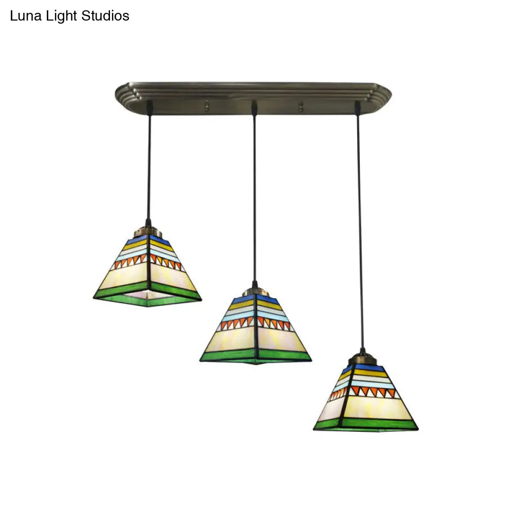 Traditional 3-Head Stained Glass Pendant Light in Bronze with Shaded Hanging Design