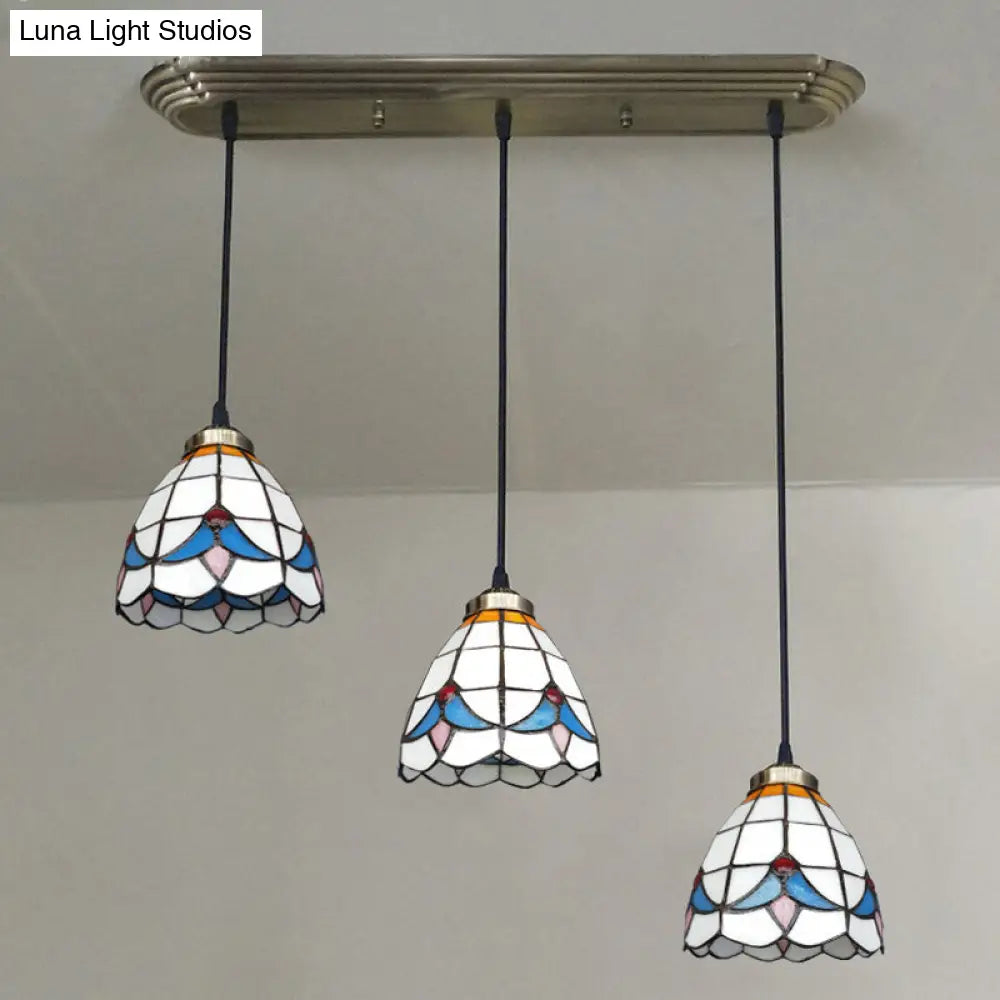 Traditional 3-Head Stained Glass Pendant Light in Bronze with Shaded Hanging Design