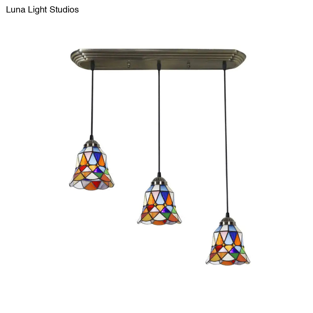 Traditional 3-Head Stained Glass Pendant Light in Bronze with Shaded Hanging Design