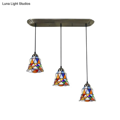 Traditional 3-Head Stained Glass Pendant Light in Bronze with Shaded Hanging Design