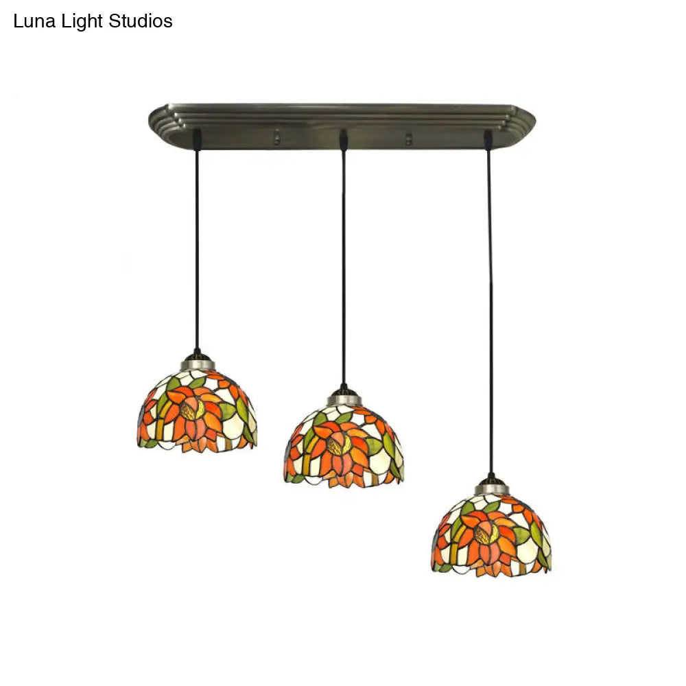 Traditional 3-Head Stained Glass Pendant Light in Bronze with Shaded Hanging Design