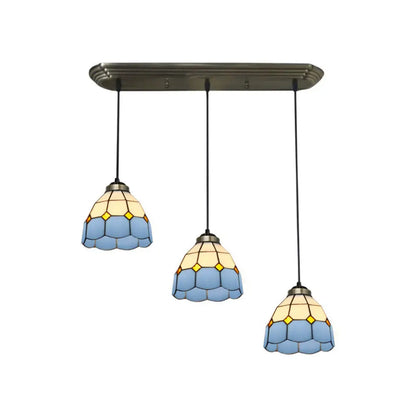 Traditional 3-Head Stained Glass Pendant Light in Bronze with Shaded Hanging Design