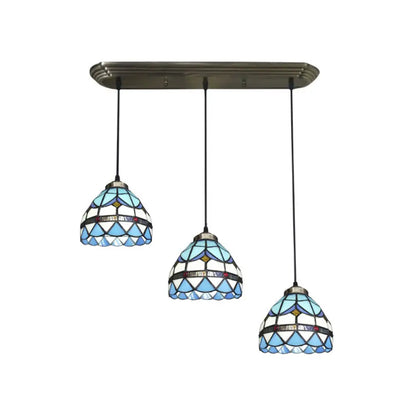 Traditional 3-Head Stained Glass Pendant Light in Bronze with Shaded Hanging Design