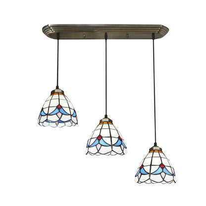 Traditional 3-Head Stained Glass Pendant Light in Bronze with Shaded Hanging Design