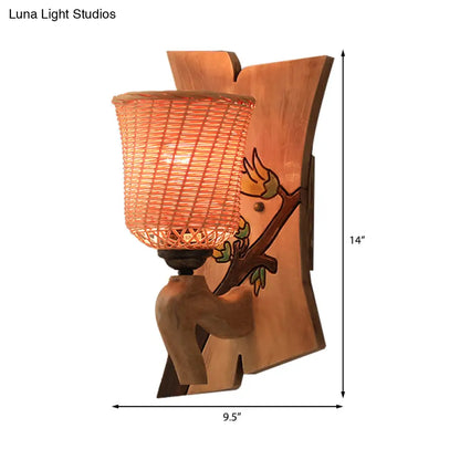 DecorBites™ DecorBites™ Traditional Bamboo Wall Mounted Lamp with Wood Kettle/Bell/Trumpet Sconce Light, 1 Bulb, Hemicylinder/Block Backplate - Up/Down