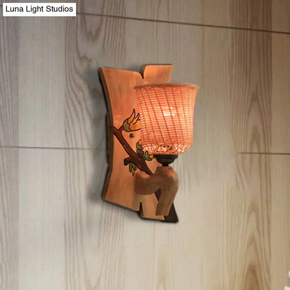 DecorBites™ DecorBites™ Traditional Bamboo Wall Mounted Lamp with Wood Kettle/Bell/Trumpet Sconce Light, 1 Bulb, Hemicylinder/Block Backplate - Up/Down