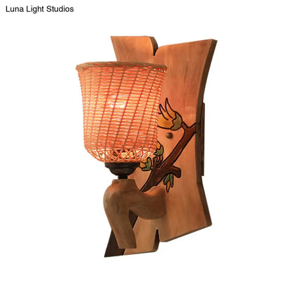 DecorBites™ DecorBites™ Traditional Bamboo Wall Mounted Lamp with Wood Kettle/Bell/Trumpet Sconce Light, 1 Bulb, Hemicylinder/Block Backplate - Up/Down