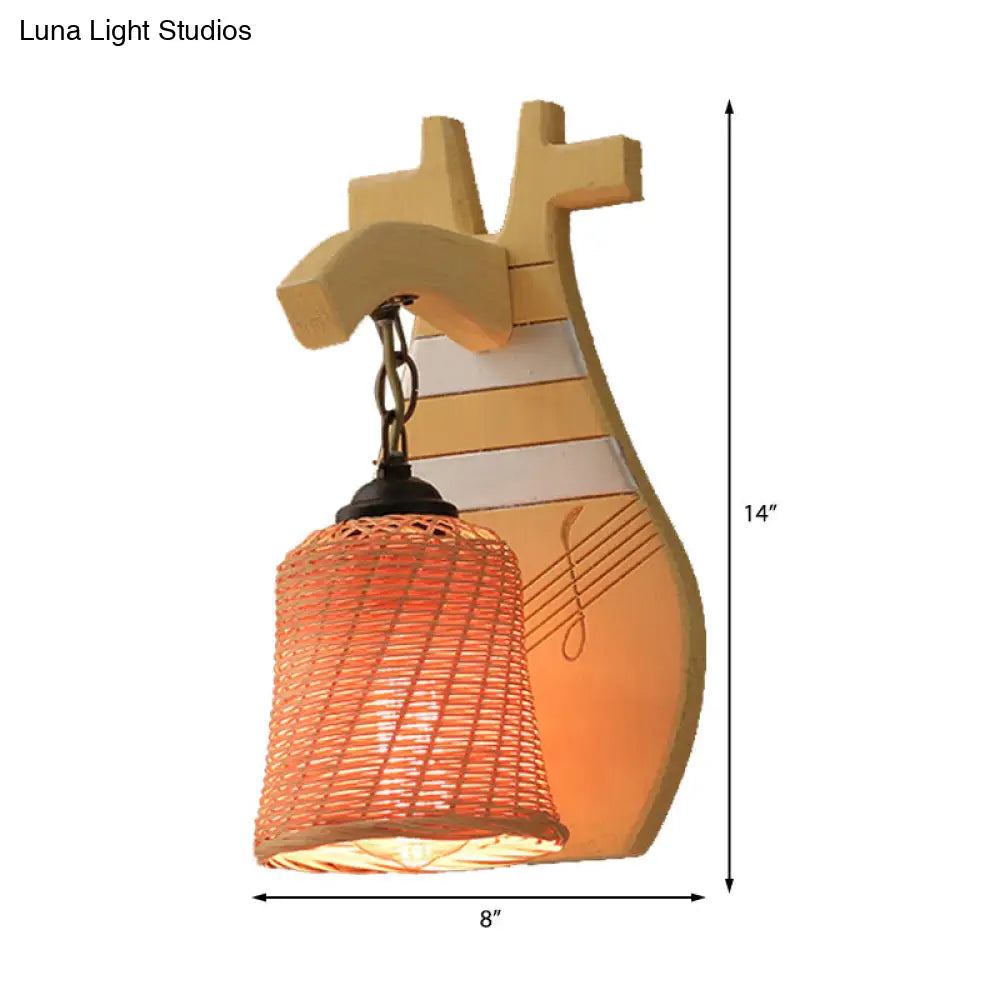 DecorBites™ DecorBites™ Traditional Bamboo Wall Mounted Lamp with Wood Kettle/Bell/Trumpet Sconce Light, 1 Bulb, Hemicylinder/Block Backplate - Up/Down