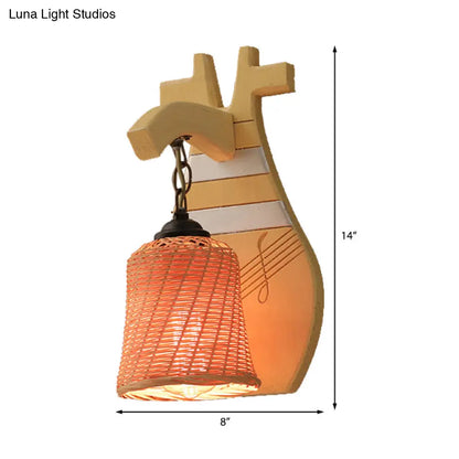DecorBites™ DecorBites™ Traditional Bamboo Wall Mounted Lamp with Wood Kettle/Bell/Trumpet Sconce Light, 1 Bulb, Hemicylinder/Block Backplate - Up/Down