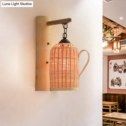 DecorBites™ DecorBites™ Traditional Bamboo Wall Mounted Lamp with Wood Kettle/Bell/Trumpet Sconce Light, 1 Bulb, Hemicylinder/Block Backplate - Up/Down
