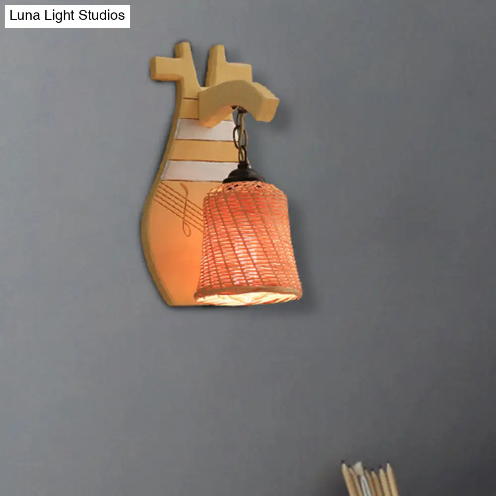 DecorBites™ DecorBites™ Traditional Bamboo Wall Mounted Lamp with Wood Kettle/Bell/Trumpet Sconce Light, 1 Bulb, Hemicylinder/Block Backplate - Up/Down