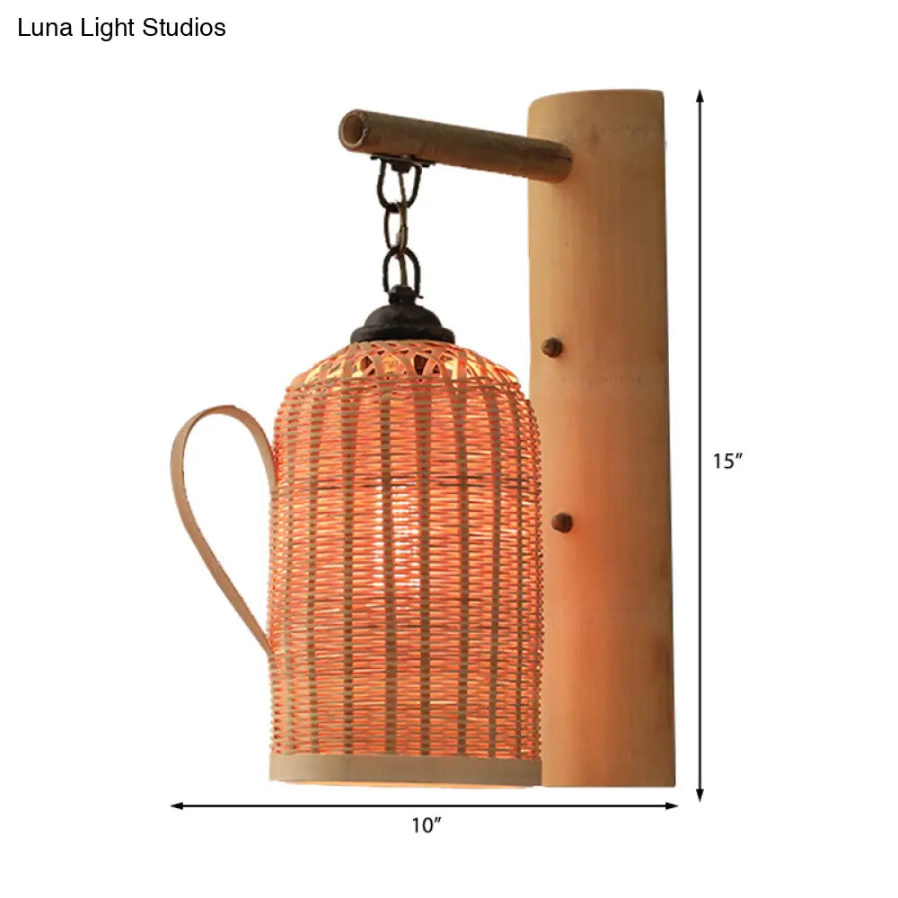 DecorBites™ DecorBites™ Traditional Bamboo Wall Mounted Lamp with Wood Kettle/Bell/Trumpet Sconce Light, 1 Bulb, Hemicylinder/Block Backplate - Up/Down