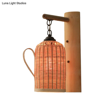 DecorBites™ DecorBites™ Traditional Bamboo Wall Mounted Lamp with Wood Kettle/Bell/Trumpet Sconce Light, 1 Bulb, Hemicylinder/Block Backplate - Up/Down