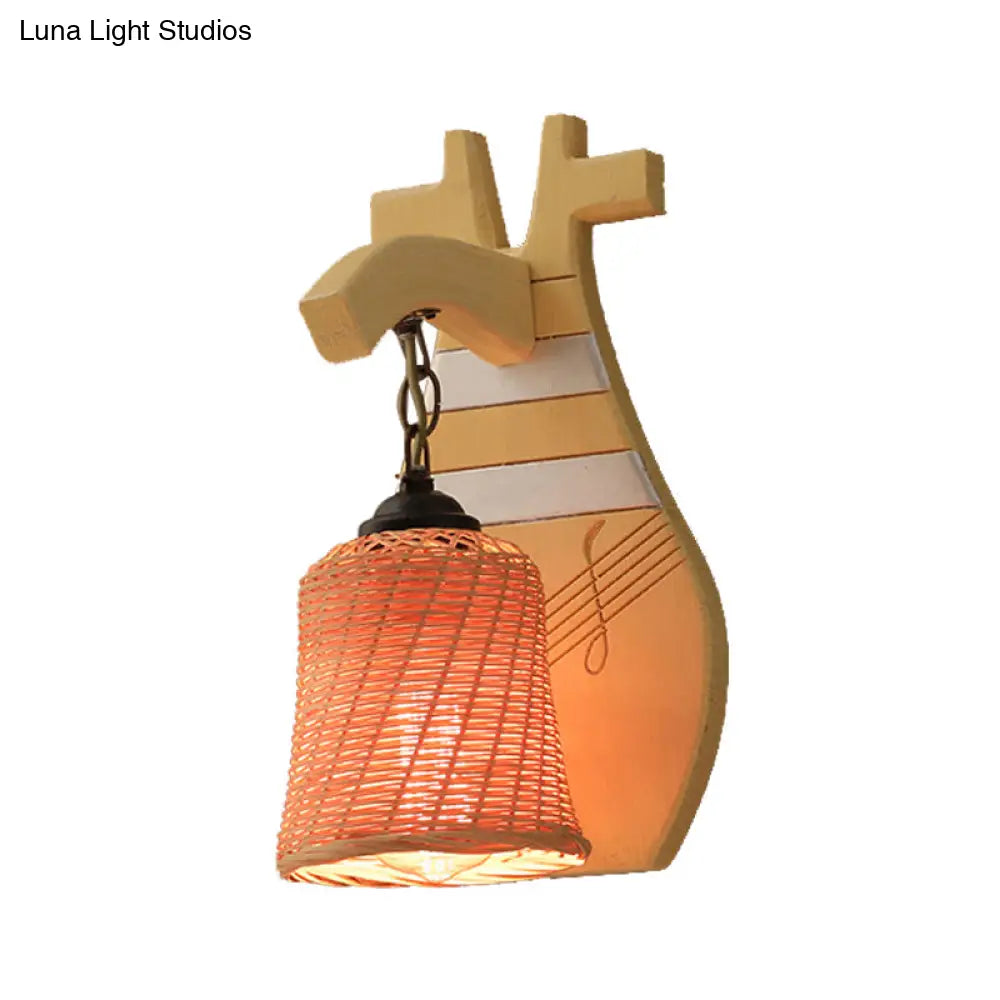 DecorBites™ DecorBites™ Traditional Bamboo Wall Mounted Lamp with Wood Kettle/Bell/Trumpet Sconce Light, 1 Bulb, Hemicylinder/Block Backplate - Up/Down