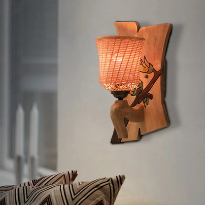 DecorBites™ DecorBites™ Traditional Bamboo Wall Mounted Lamp with Wood Kettle/Bell/Trumpet Sconce Light, 1 Bulb, Hemicylinder/Block Backplate - Up/Down