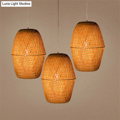 Traditional Bamboo Wood Bell Pendant Light - Single Bulb Hanging Lamp Kit for Restaurants