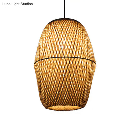 Traditional Bamboo Wood Bell Pendant Light - Single Bulb Hanging Lamp Kit for Restaurants