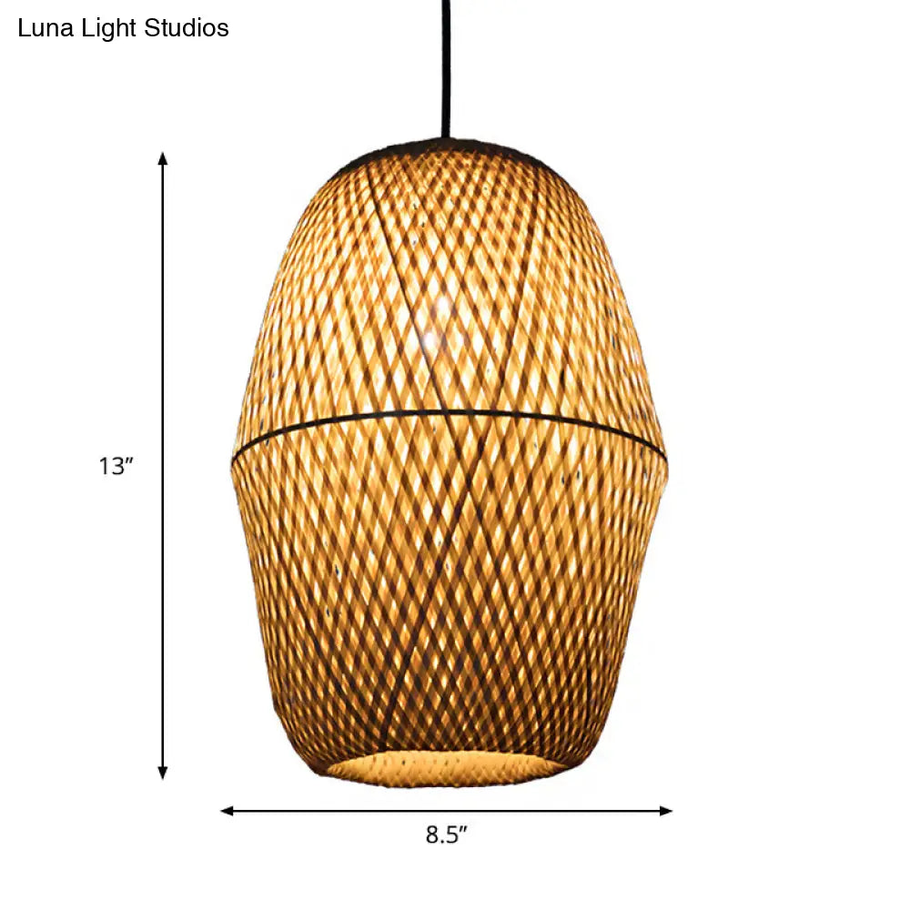 Traditional Bamboo Wood Bell Pendant Light - Single Bulb Hanging Lamp Kit for Restaurants