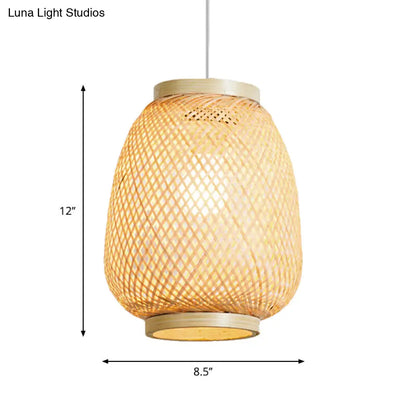 Traditional Bamboo Wood Lantern Pendant Light - Teahouse Hanging Lamp Kit (1 Bulb)