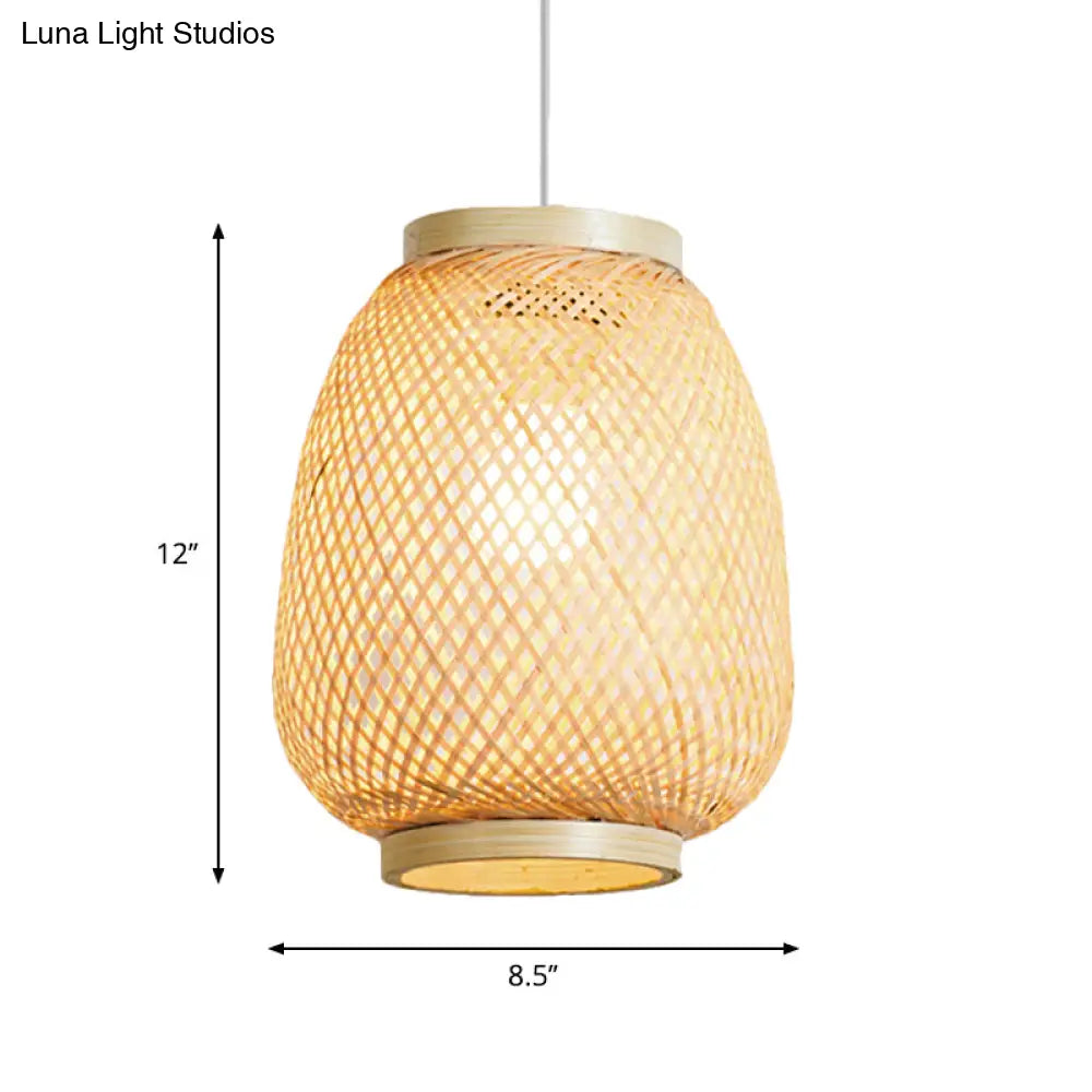 Traditional Bamboo Wood Lantern Pendant Light - Teahouse Hanging Lamp Kit (1 Bulb)