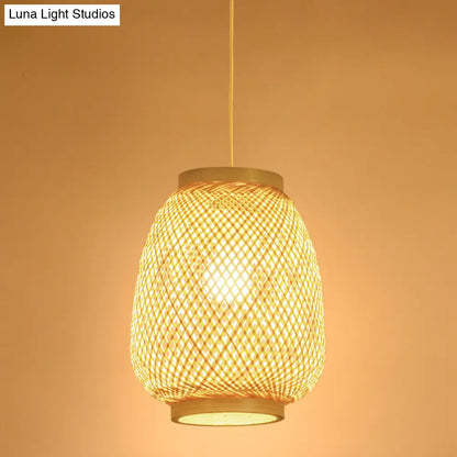 Traditional Bamboo Wood Lantern Pendant Light - Teahouse Hanging Lamp Kit (1 Bulb)