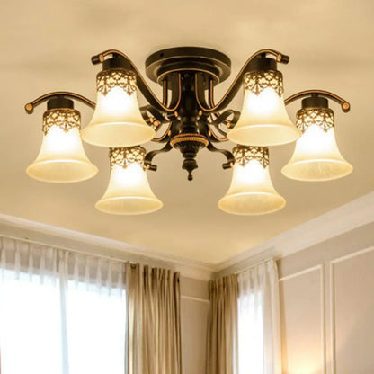 DecorBites™ DecorBites™ Traditional Beige Glass Bell Semi Flush Ceiling Chandelier in Black for Living Rooms