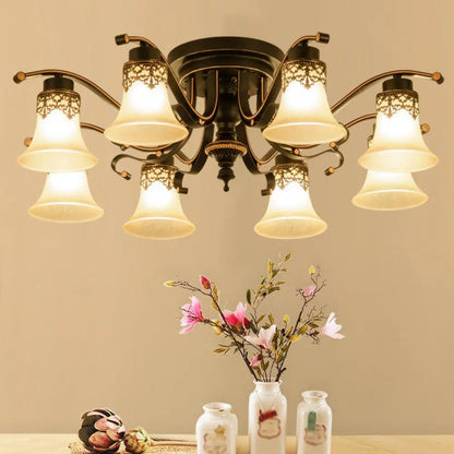 DecorBites™ DecorBites™ Traditional Beige Glass Bell Semi Flush Ceiling Chandelier in Black for Living Rooms