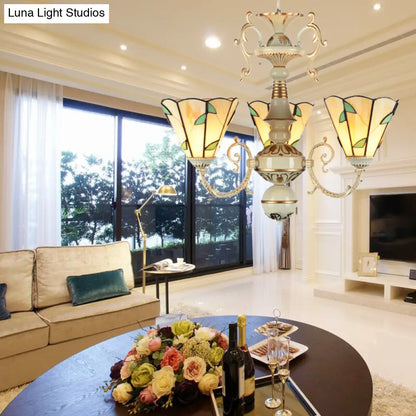 Traditional Beige Glass Leaf Chandelier with 3 Lights and Adjustable Chain