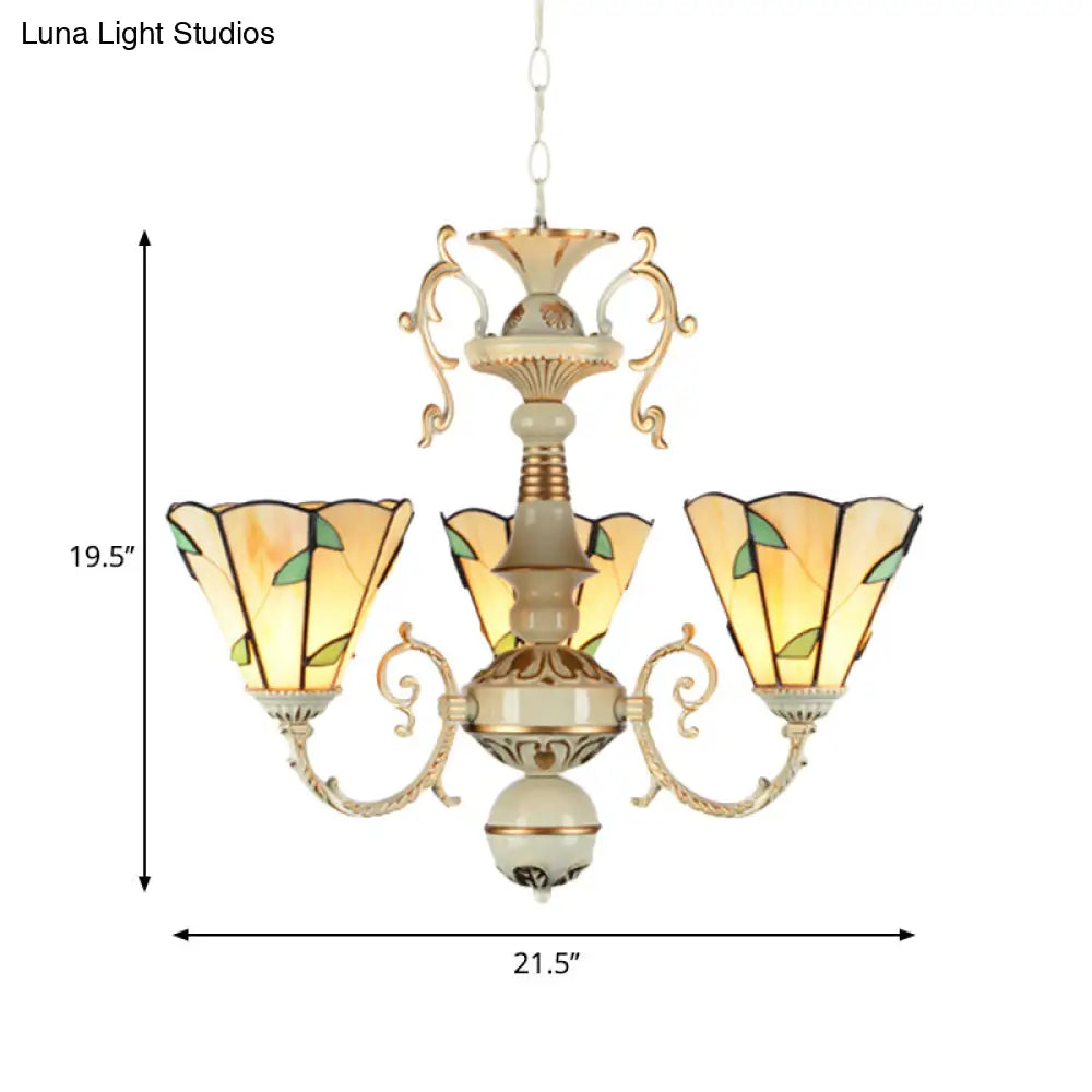 Traditional Beige Glass Leaf Chandelier with 3 Lights and Adjustable Chain