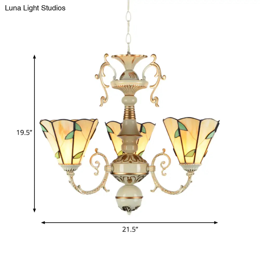 Traditional Beige Glass Leaf Chandelier with 3 Lights and Adjustable Chain