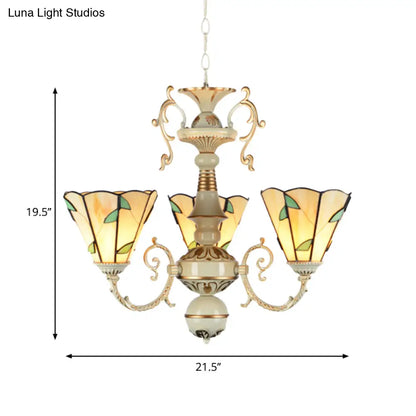 Traditional Beige Glass Leaf Chandelier with 3 Lights and Adjustable Chain
