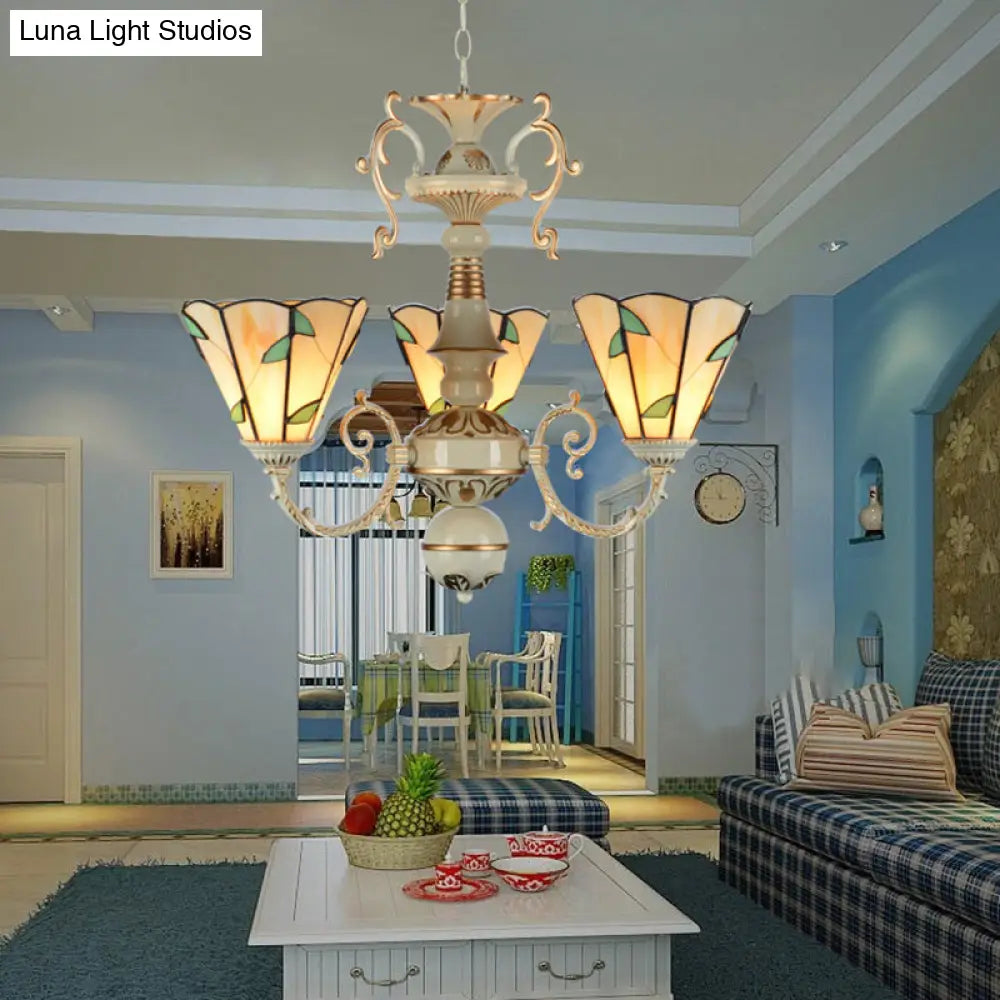 Traditional Beige Glass Leaf Chandelier with 3 Lights and Adjustable Chain