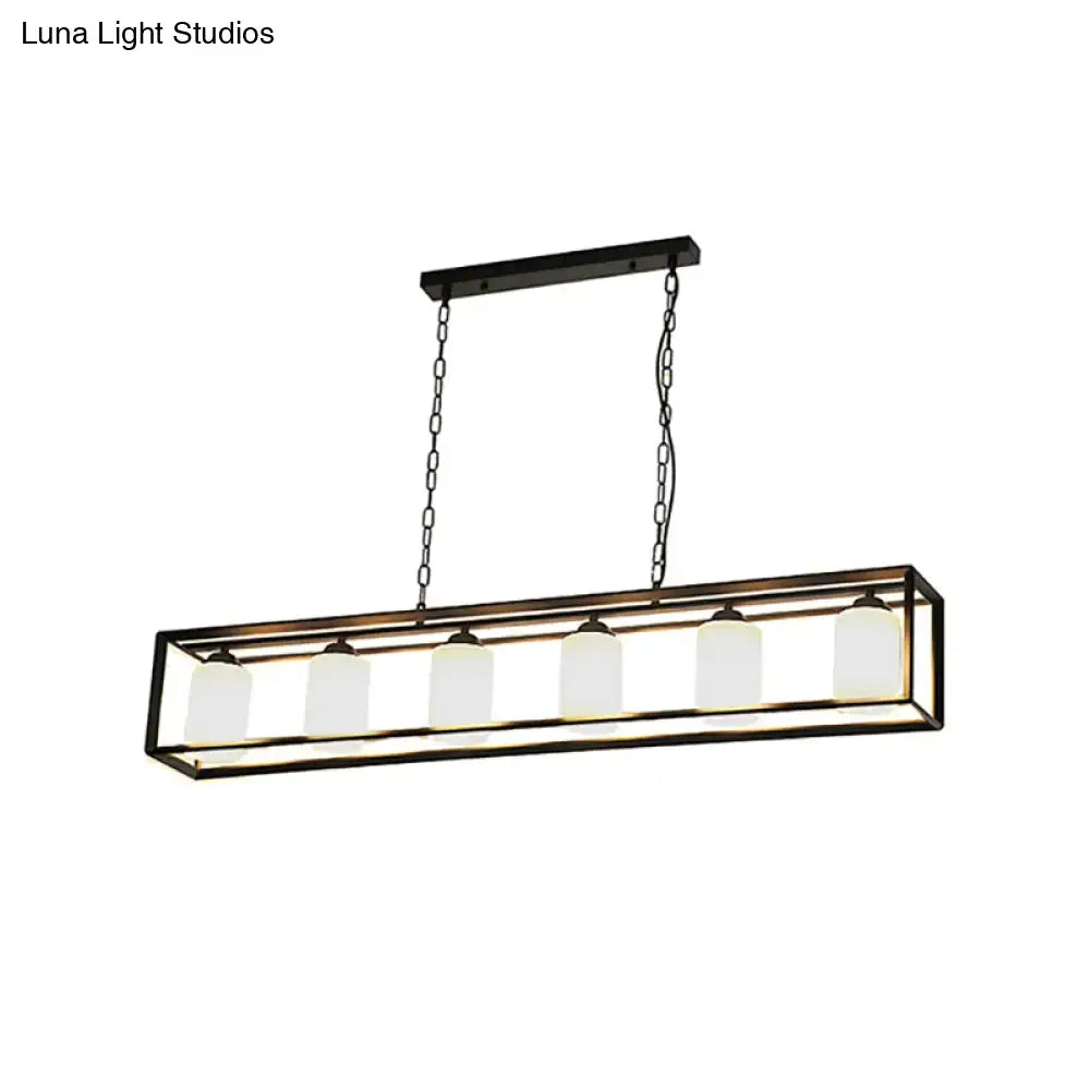 Black metal rectangular pendant light with five frosted opal glass shades from DecorBites traditional collection