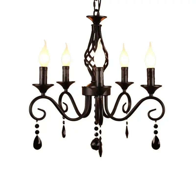 Traditional black crystal pendant chandelier featuring black wrought iron and five candle-style lights for bedroom decorbites crystal pendant lighting