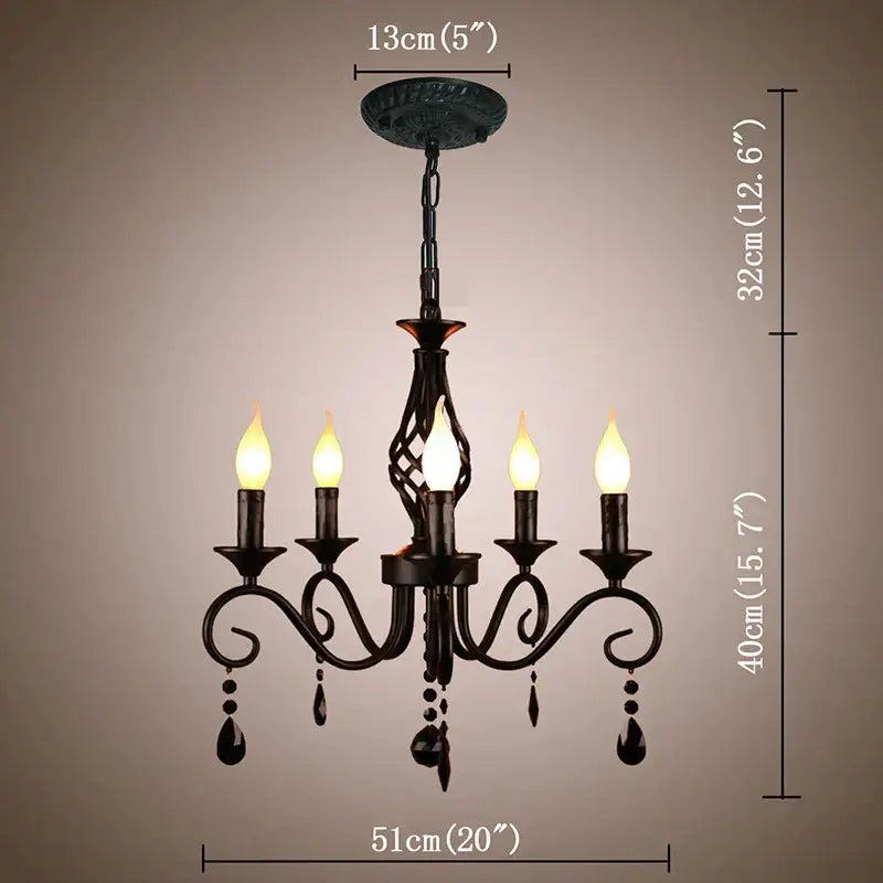 Traditional black wrought iron pendant chandelier with five candle-style bulbs and decorbites crystal pendant droplets for bedroom decor
