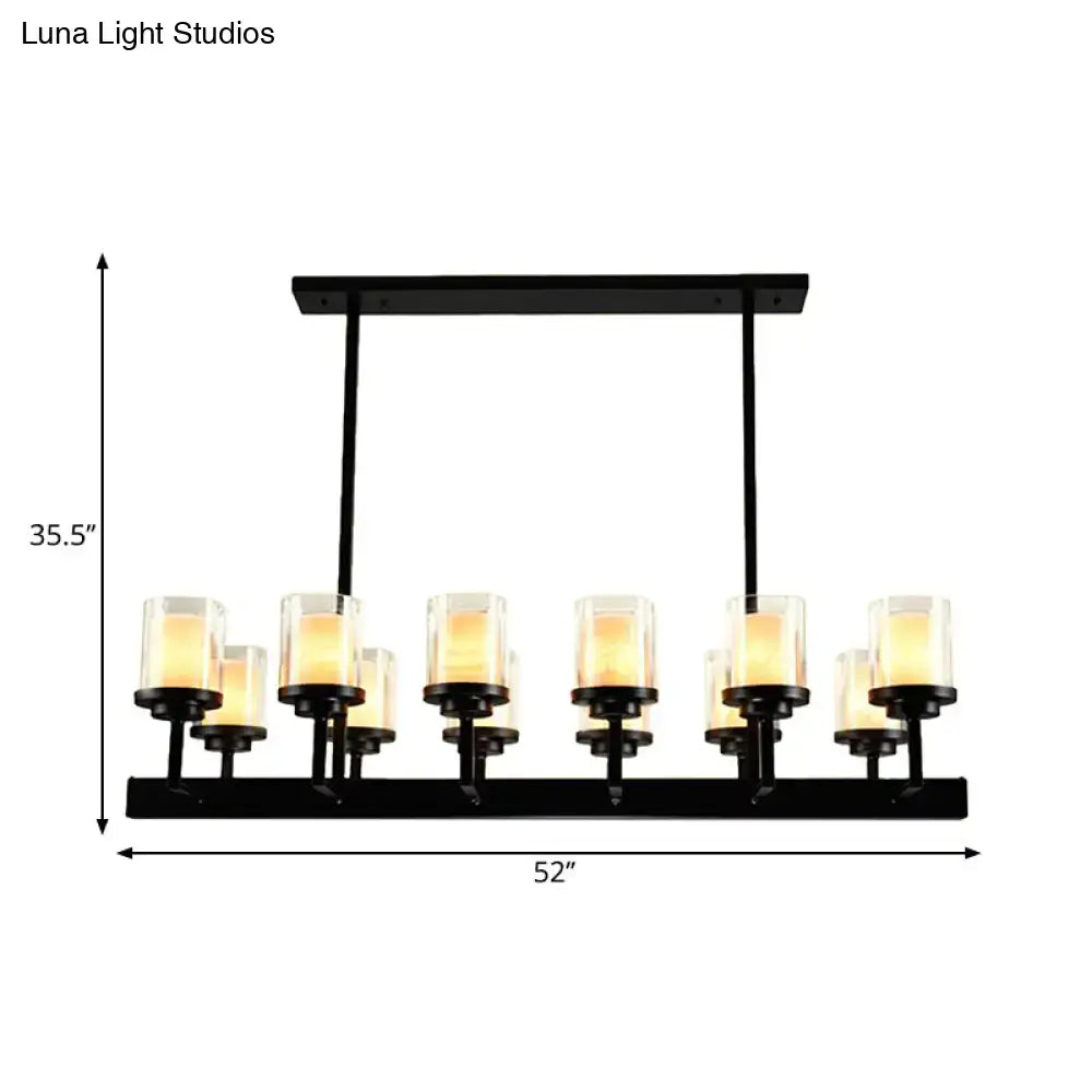 Black metal chandelier with ten warm-toned clear glass candle bulbs in traditional black cylinder design for dining room lighting