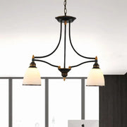 Black wrought iron pendant light with three frosted barrel shades and gold accents for 110v-120v or 220v-240v use