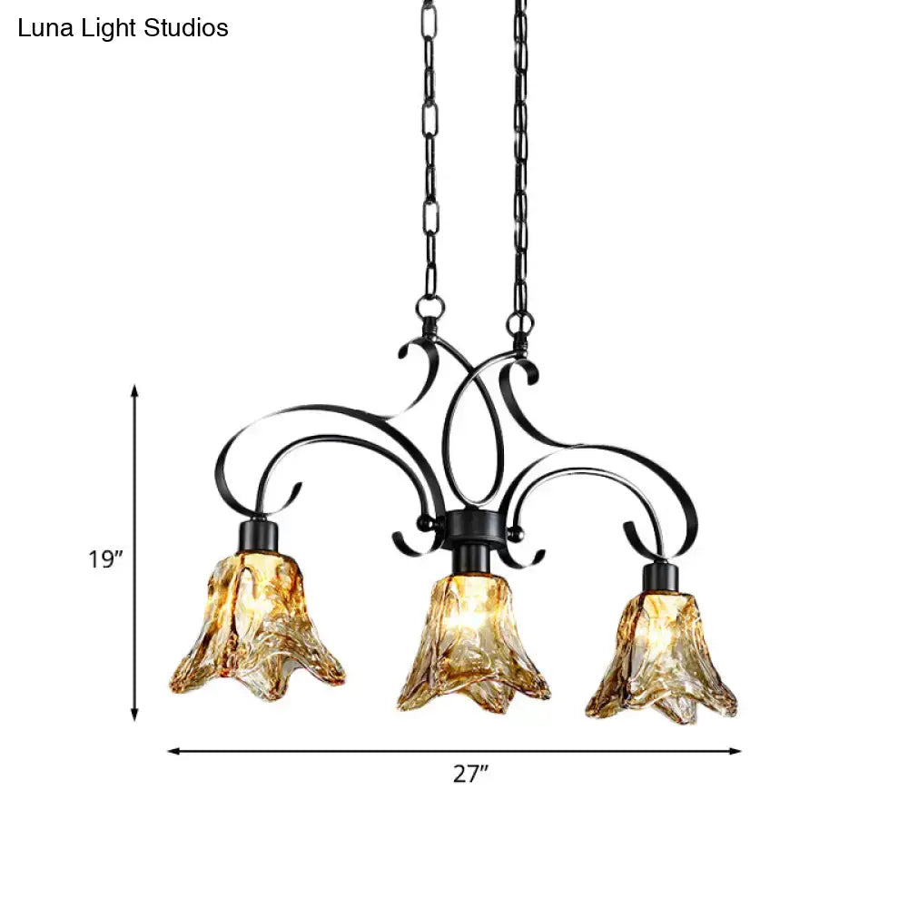 DecorBites™ traditional black island lamp with amber glass bell-shaped shades and floral design for dining room lighting