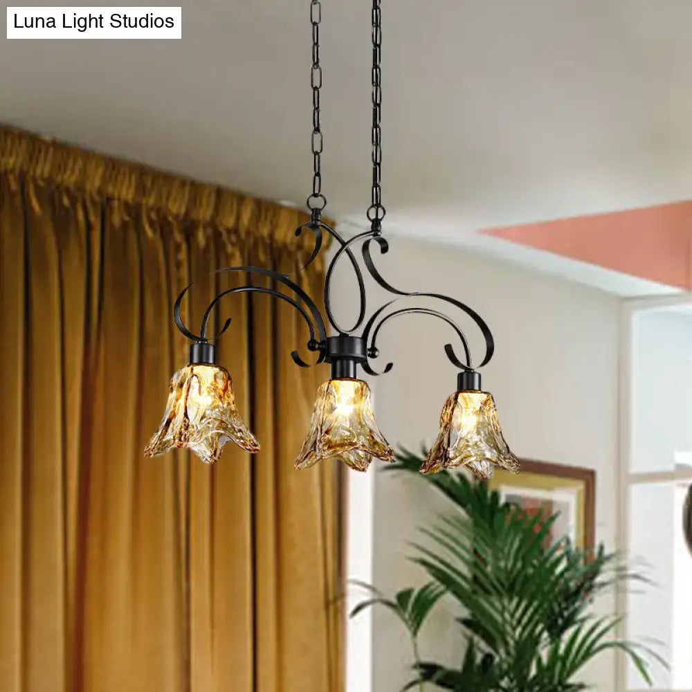 DecorBites™ traditional black island lamp with amber glass bell shades and floral design for dining room lighting