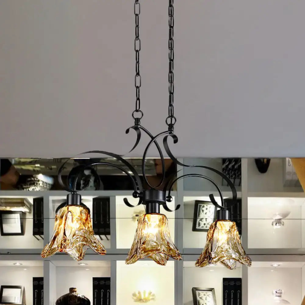 DecorBites™ traditional black island lamp with amber glass floral design and three down lighting pendants for dining room
