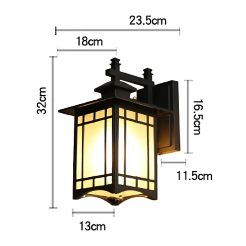 Traditional black led wall lamp garden lantern with wrought iron frame warm yellow glass and pagoda-style roof design