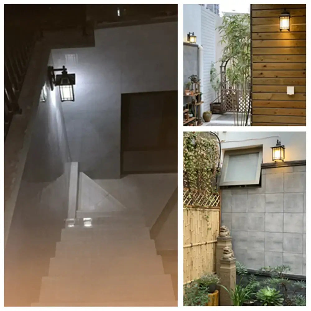 Traditional black led wall lamp garden lantern with frosted glass and warm glowing light as a black metal wall lamp