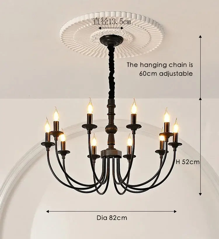 Traditional black metal chandelier with nine candle style bulbs and adjustable hanging chain for dining room decorbites black metal