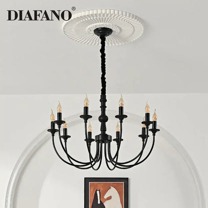 Traditional black metal chandelier with nine candle-style heads pendant lights and a decorative white ceiling medallion