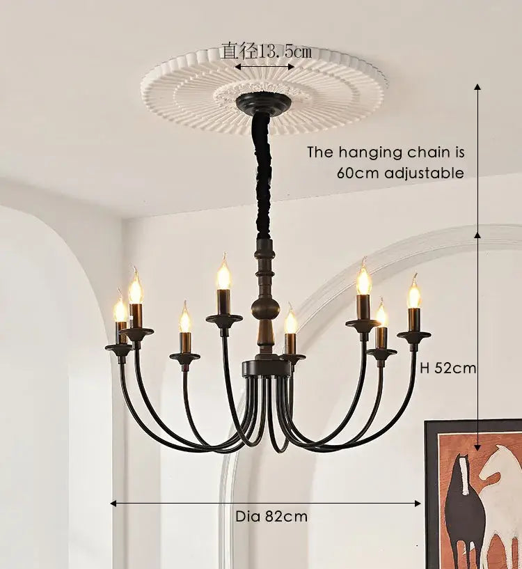 Traditional black metal chandelier with nine candle-style heads pendant lights and decorative ceiling rose by decorbites black metal