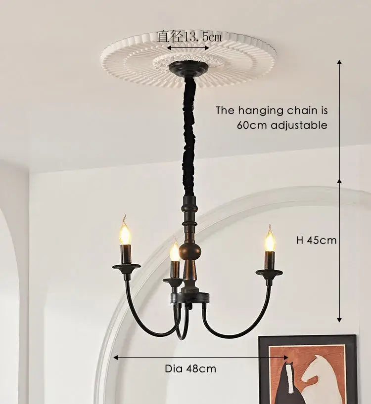 Black metal chandelier with three candle-style bulbs and decorative white ceiling medallion for dining room decorbites heads pendant lights
