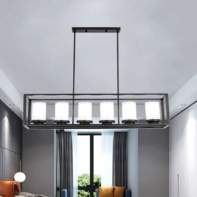Traditional black rectangle frame pendant light with five frosted glass cylinders for dining room use