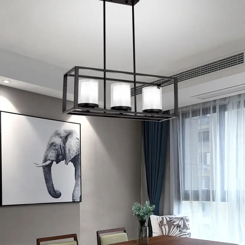 Traditional black rectangle frame pendant light with three cylindrical frosted glass shades for dining room use