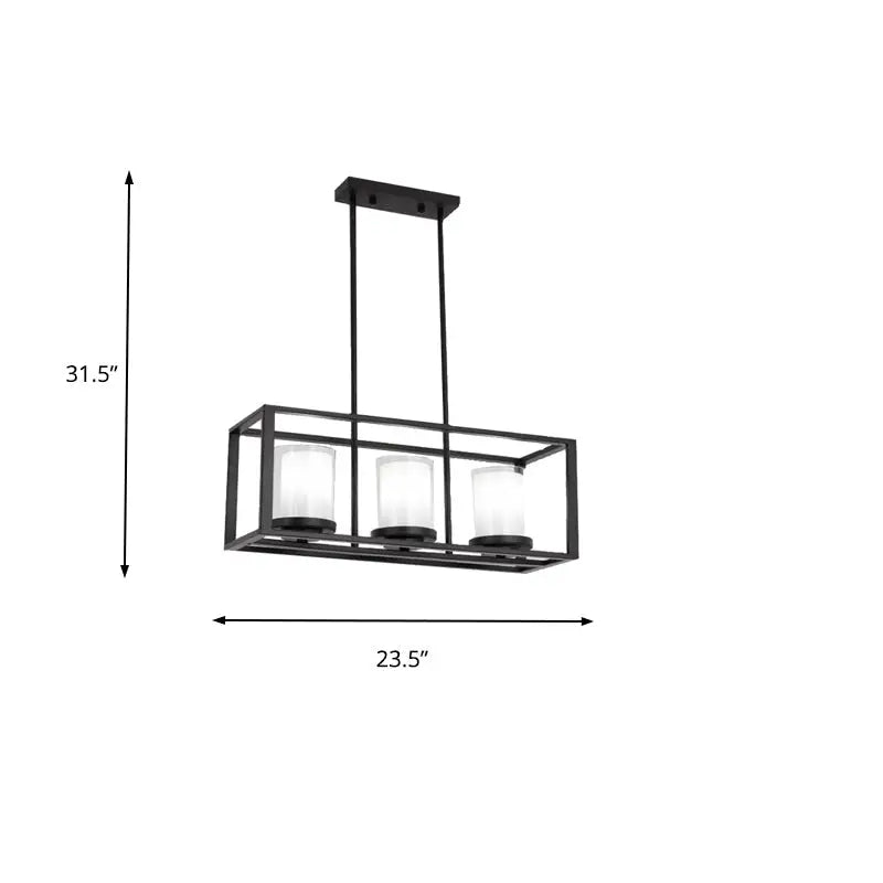 Traditional black rectangle frame pendant light with three frosted glass cylinders for dining room fixture