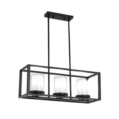 Black metal rectangular chandelier with three frosted glass cylinders in a traditional black rectangle frame pendant light